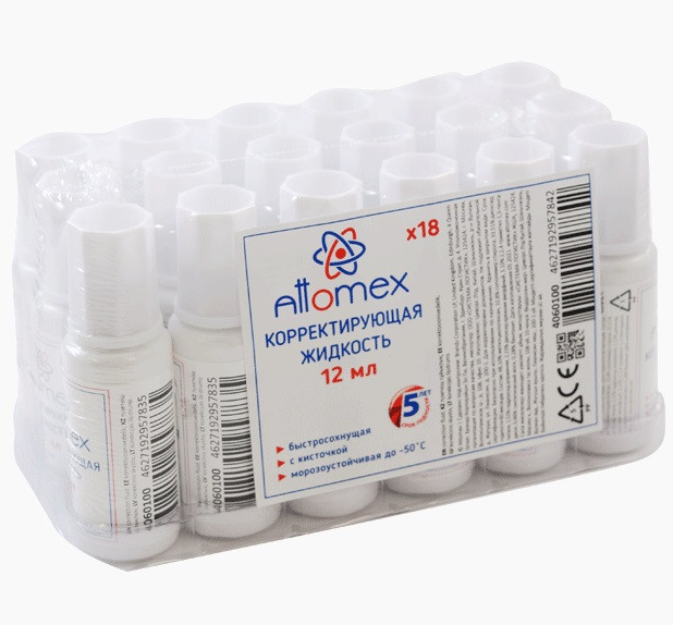 Корректирующая жидкость 12мл, быстросохнущая, в бутылочке с кисточкой, Attomex 4060100 (18)