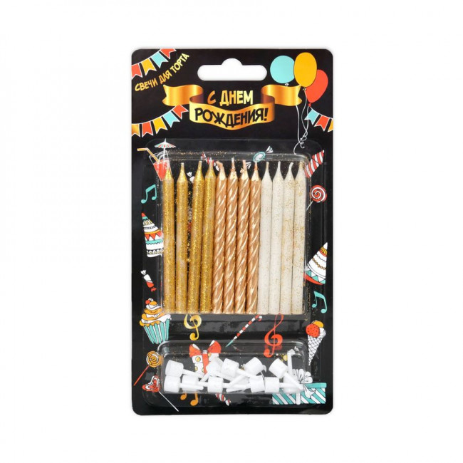 Свечи 7,5см для торта, с держателями, золотые металлик/глиттер,12 шт, Микрос Свечи 7,5см для торта, с держателями, золотые металлик/глиттер,12 шт, Микрос