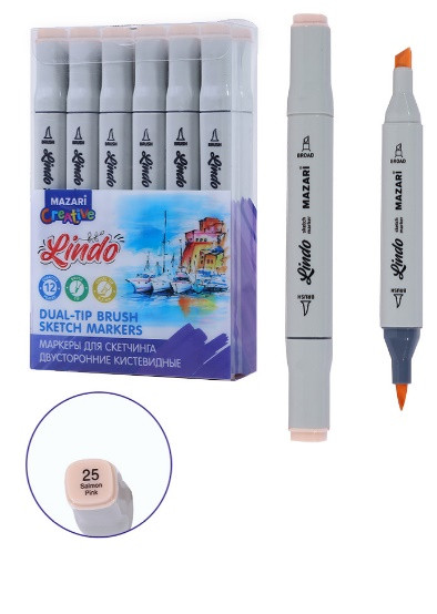Маркер для скетчинга двусторонний LINDO, salmon pink, кистевид./клиновид.наконечники, пиш.узлы 1.0-6.2мм, ПВХ- упаковка Маркер для скетчинга двусторонний LINDO, salmon pink, кистевид./клиновид.наконечники, пиш.узлы 1.0-6.2мм, ПВХ- упаковка