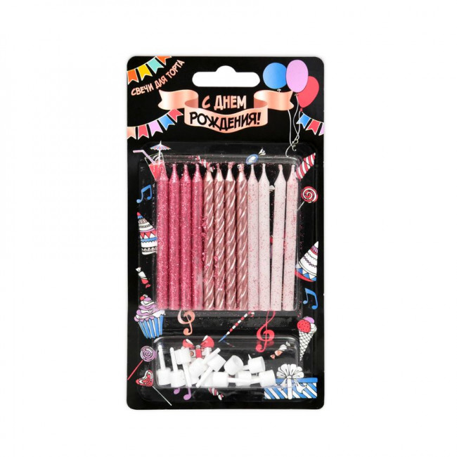 Свечи 7,5см для торта, с держателями, розовое золото металлик/глиттер,12 шт, Микрос
