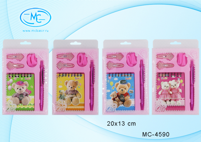 Набор подарочный детский с европодвесом: "МИШКИ"; блокнот+авторучка+2 заколки+2 резиночки; в подарочной пластиковой упаковке; блокнот-яркая, цветная обложка, с объёмной аппликацией, с блёстками, на гребне, /ассорти/; 10,0*8,0 см. Набор подарочный детский с европодвесом: "МИШКИ"; блокнот+авторучка+2 заколки+2 резиночки; в подарочной пластиковой упаковке; блокнот-яркая, цветная обложка, с объёмной аппликацией, с блёстками, на гребне, /ассорти/; 10,0*8,0 см.