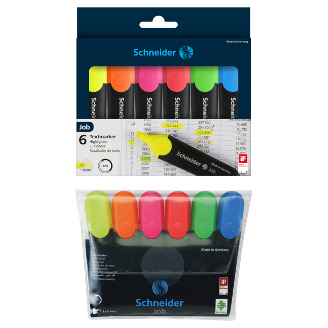 Набор текстовыделителей Schneider "Job" 06цв., 1-5мм, прозрачный чехол/картонная упаковка
