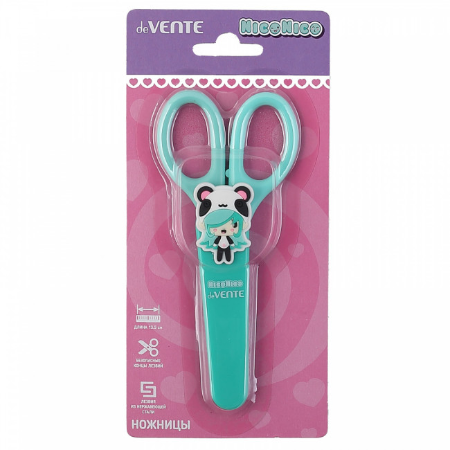 Ножницы 13,5см детские в чехле, пластиковые кольца, мятные, deVENTE (20)
