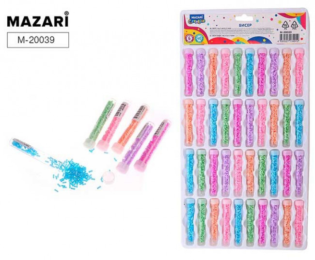 Бисер 3 мм, 6 г, 6 цветов, пластиковая туба, Mazari