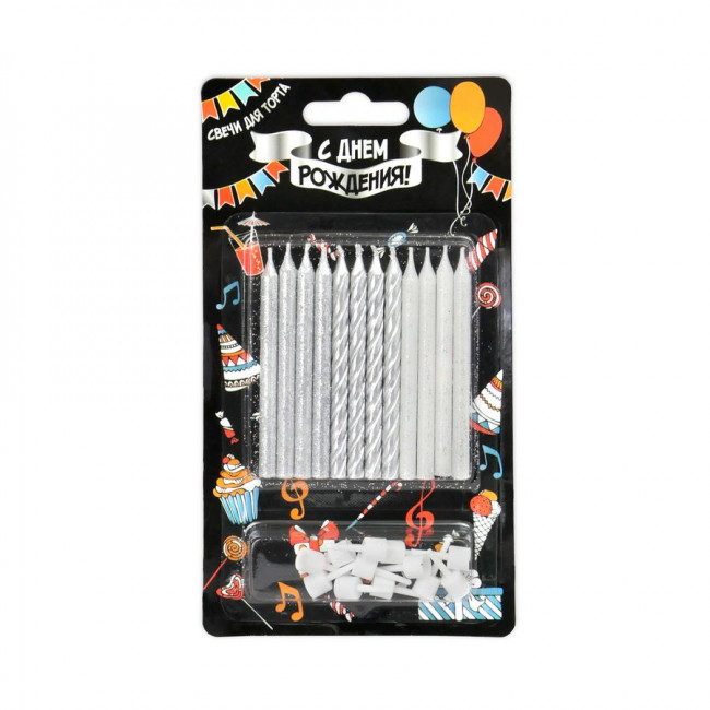 Свечи 7,5см для торта, с держателями, серебряные металлик/глиттер,12 шт, Микрос