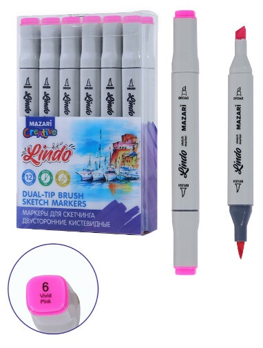 Маркер для скетчинга двусторонний LINDO, vivid pink, кистевид./клиновид.наконечники, пиш.узлы 1.0-6.2мм, ПВХ- упаковка