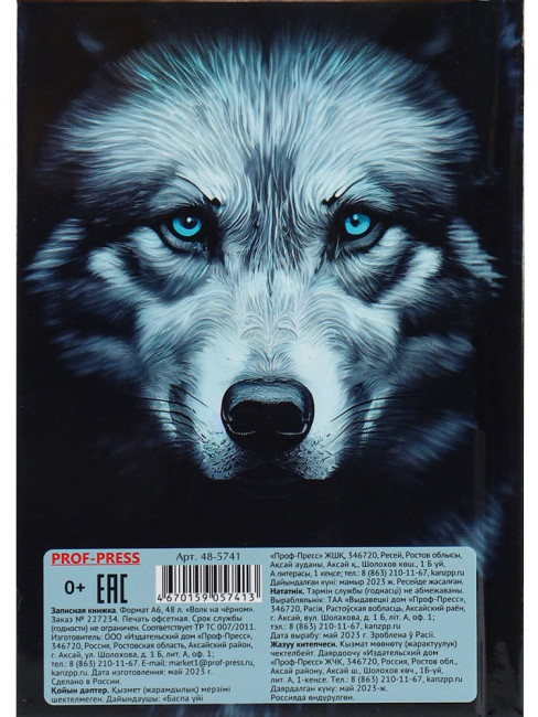 Записная книжка А6 48л клетка "Волк на чёрном", 7БЦ, сшивка, Проф-Пресс/48-5741 (40)