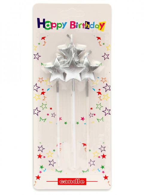Свечи для торта на длинных пиках "Серебряные звезды", 4шт, MILAND/С-2465