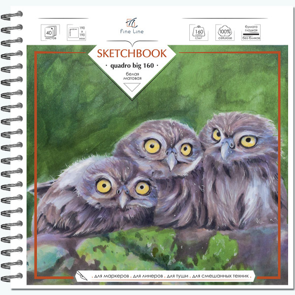 Скетчбук 190х190 40л для маркеров и графики 160г/м, гребень, Полином/3088 (10)