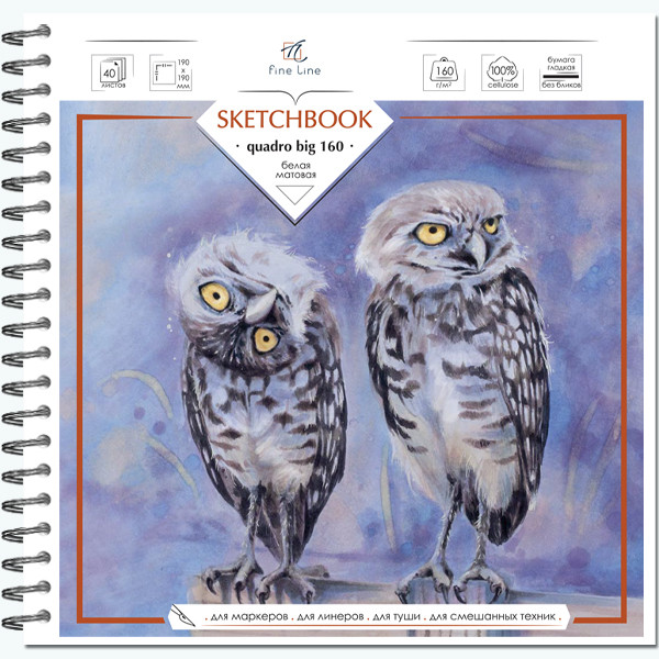 Скетчбук 190х190 40л для маркеров и графики 160г/м, гребень, Полином/3088 (10)