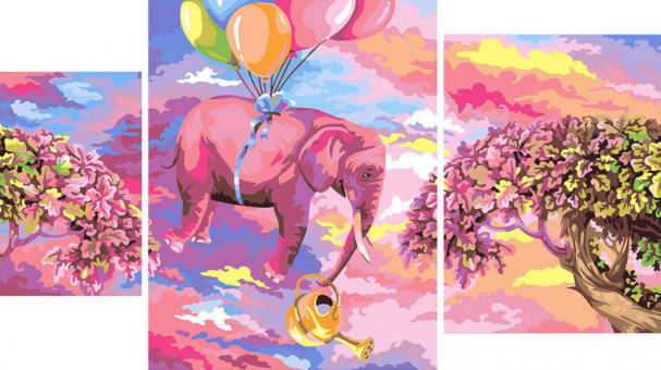 Картина по номерам, триптих "Розовый Слон" 40x50, 40x30, 20x30см, I019 Картина по номерам, триптих "Розовый Слон" 40x50, 40x30, 20x30см, I019