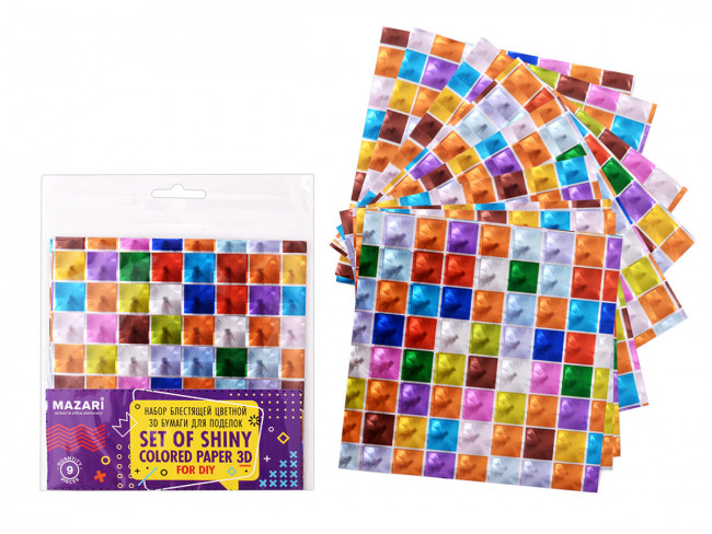 Набор блестящей цветной 3D бумаги для поделок, 9 листов размером 15х15 см, ОПП-упаковка