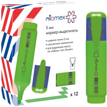 Маркер-выделитель 1-5мм плоский корпус с клипом, скошенный наконечник, зеленый, Attomex/5045801 (12)