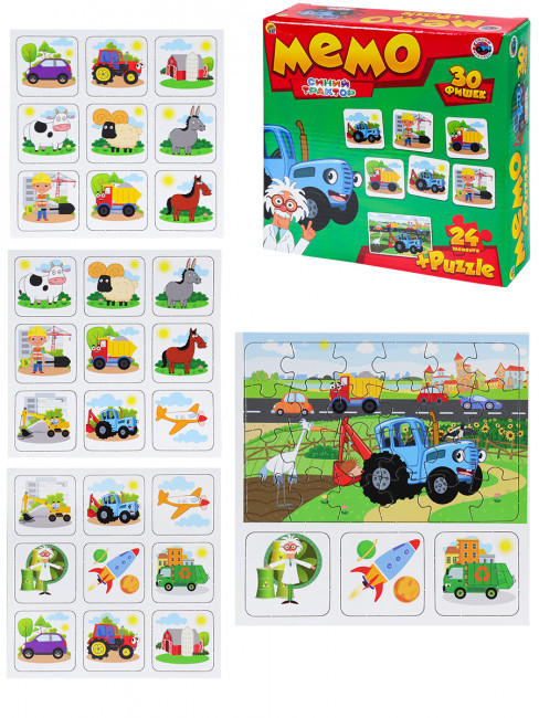 Игра Мемо (30 фишек) + пазлы (24 элемента) "Синий трактор", Рыжий Кот/ИН-5778