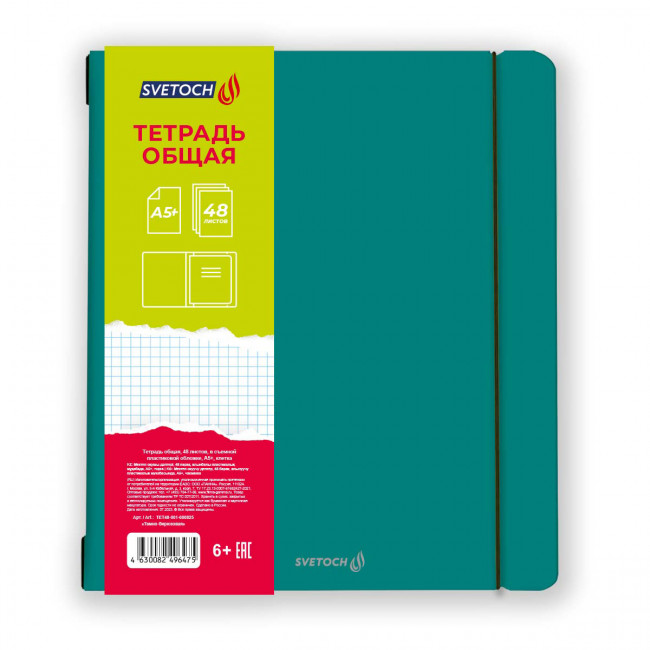Тетрадь А5+ 48л клетка "Тёмно-бирюзовая", на резинке, Светоч/ТЕТ48-001_000825 (4/48)
