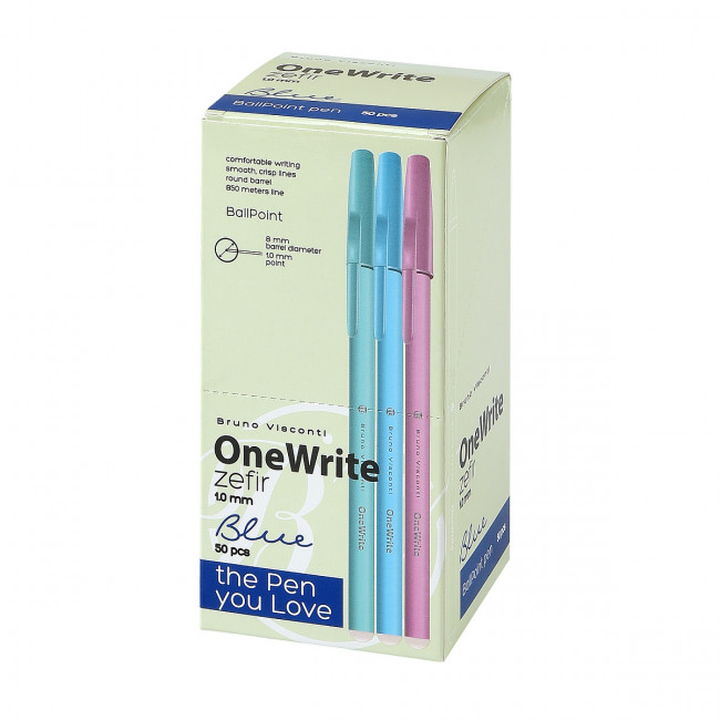 Ручка шариковая 1.0мм синяя "OneWrite Zefir", 3 цвета корпуса, BV/20-0325/03 (50) Ручка шариковая 1.0мм синяя "OneWrite Zefir", 3 цвета корпуса, BV/20-0325/03 (50)