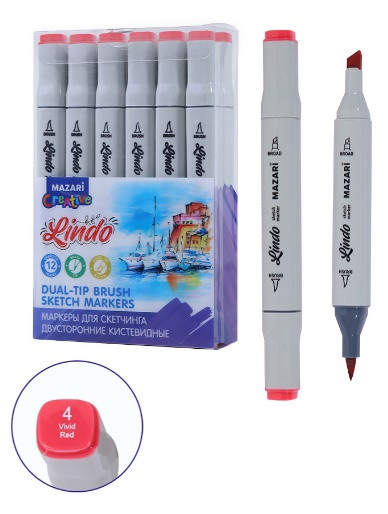 Маркер для скетчинга двусторонний LINDO, vivid red, кистевид./клиновид.наконечники, пиш.узлы 1.0-6.2мм, ПВХ- упаковка