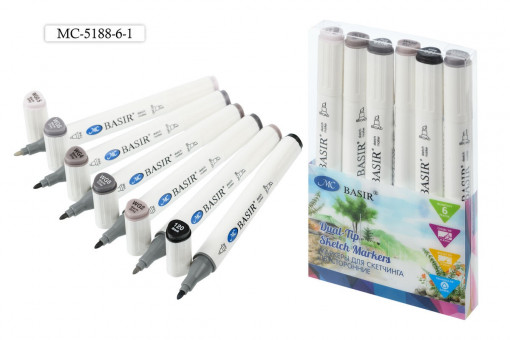 Набор скетчмаркеров 1,0-7,0мм 6цв. МС-5188-6-1 двусторонние, "Cool grey" тёплые серые тона, на спиртовой основе, Basir Набор скетчмаркеров 1,0-7,0мм 6цв. МС-5188-6-1 двусторонние, "Cool grey" тёплые серые тона, на спиртовой основе, Basir