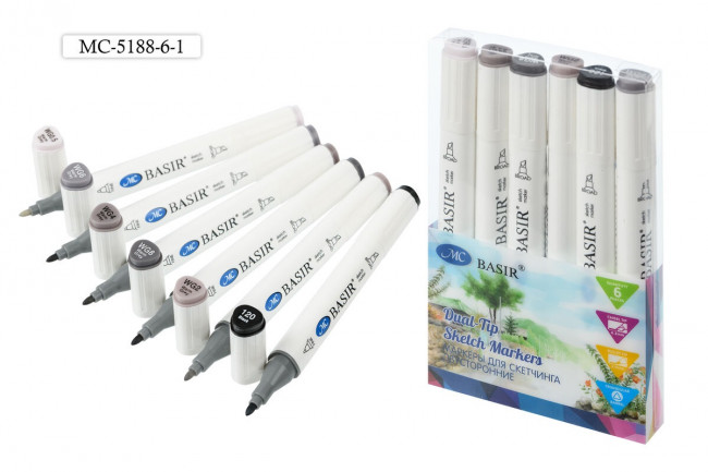 Набор скетчмаркеров 1,0-7,0мм 6цв. МС-5188-6-1 двусторонние, "Cool grey" тёплые серые тона, на спиртовой основе, Basir Набор скетчмаркеров 1,0-7,0мм 6цв. МС-5188-6-1 двусторонние, "Cool grey" тёплые серые тона, на спиртовой основе, Basir