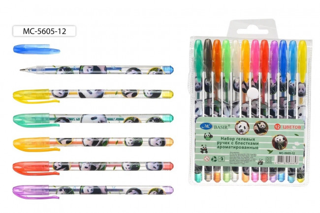 Набор гелевых ручек: "ПАНДА"; ароматизированные, с блёстками, прозрачный пластиковый корпус с рисунком, цветной колпачок /в цвет чернил/, упаковка с европодвесом, 12 цветов.