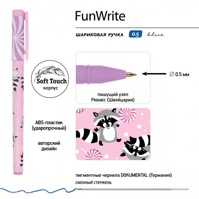 Ручка шариковая 0,5мм синяя "FunWrite. Lolipop. Енотики", BV/20-0212/62 (24)