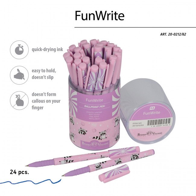 Ручка шариковая 0,5мм синяя "FunWrite. Lolipop. Енотики", BV/20-0212/62 (24)