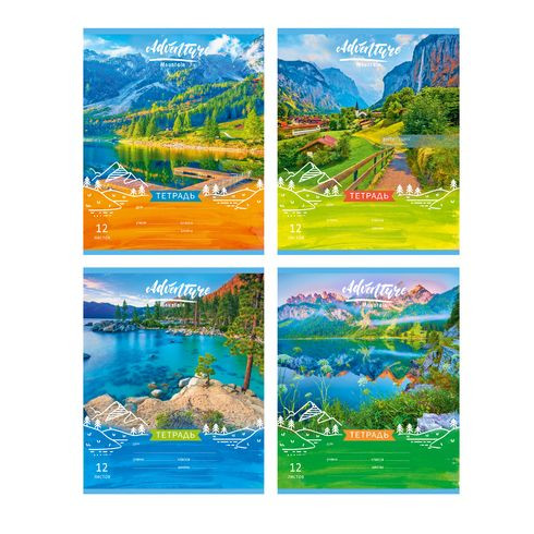 Тетрадь школьная А5 скоба 12л.  две линии с наклонными "В горах" (ассорти)