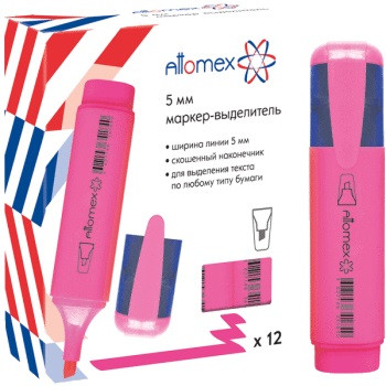 Маркер-выделитель "Attomex" плоский корпус с клипом, скошенный наконечник, ширина линии 1-5 мм, розовый