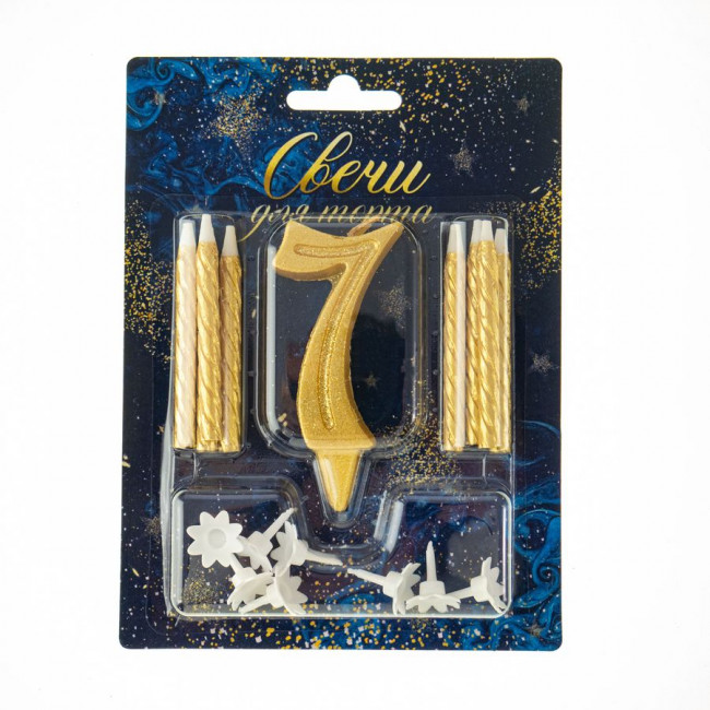 Набор свеча-цифра Грация золотая с блеском "7" + 8 золотых свечей, Микрос/Ч46358 (24)
