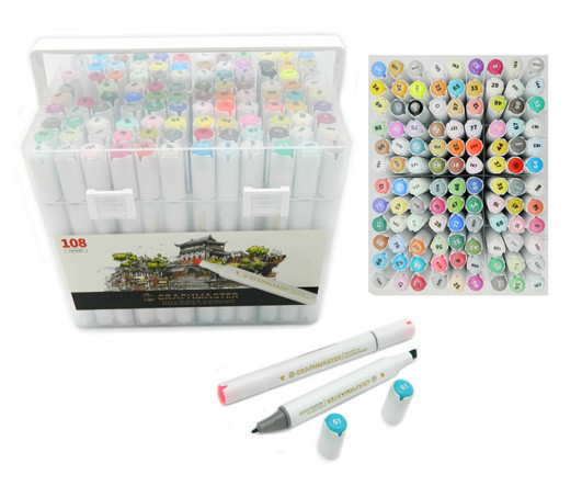 Скетч-маркеры 108цв. CH-247 Graphmaster Двухсторонний (острый+скошенный) белый трехгранный корпус, в пластиковом контейнере GM1020 (1/1/4)