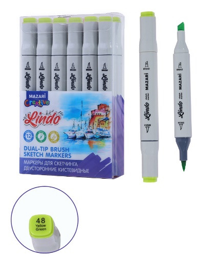 Маркер для скетчинга двусторонний LINDO, yellow green, кистевид./клиновид.наконечники, пиш.узлы 1.0-6.2мм, ПВХ- упаковка