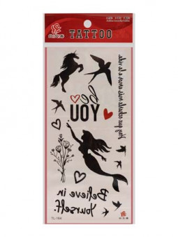 Тату наклейки "Русалка, единорог, надписи" черно-белые, 15 шт на листе, 19*9см TL-164, CJ-117 (10/10/300)