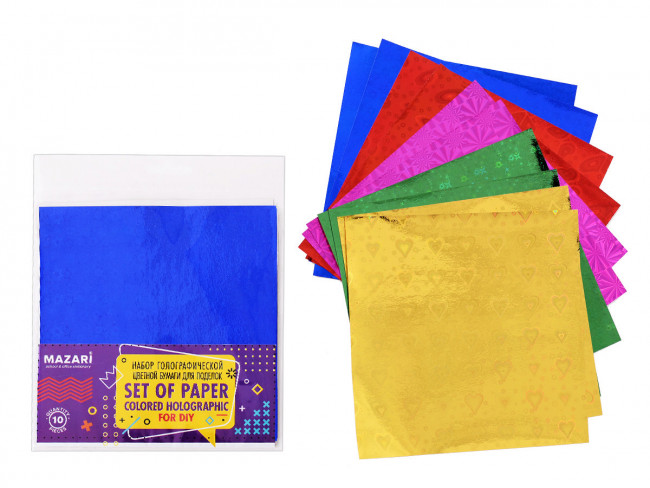 Набор голографической цветной бумаги для поделок, 10 листов размером 15х15 см, ОПП-упаковка