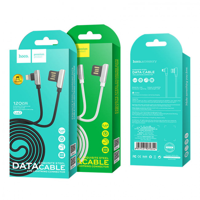 Кабель USB Lightning/ 1.2m/ 2.4A/ угловой коннектор/HOCO U42/Black, Perfeo Кабель USB Lightning/ 1.2m/ 2.4A/ угловой коннектор/HOCO U42/Black, Perfeo