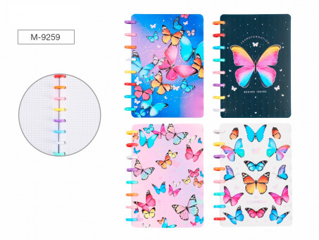 Блокнот на кольцах БАБОЧКИ 18,5х26,5 см, 80 листов, внутренний блок в клетку, плотность бумаги 80 г/м2, пластиковая обложка, 4 дизайна в ассортименте, Термоусадочная пленка