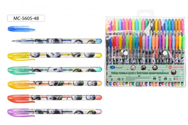 Набор гелевых ручек, 48 цв МС-5605-48 ароматизированные, неоновые, с блёстками "Панда", Basir (48)