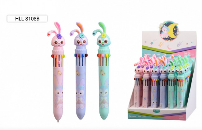 Авторучка 10-и цветная 0,5мм "ЗАЙЧАТА", прорезиненный наконечник-зайчик, Basir (36)