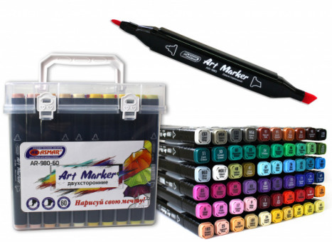 Скетч-маркер 60цв. AR-980-60 ART MARKER  двухсторонние, пулевидный и скошенный наконечник. ASMAR Скетч-маркер 60цв. AR-980-60 ART MARKER  двухсторонние, пулевидный и скошенный наконечник. ASMAR