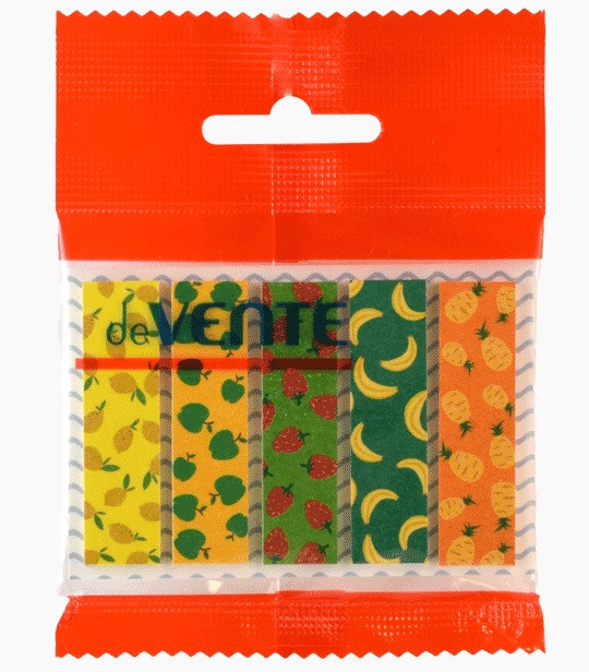 Набор самоклеящихся этикеток-закладок "deVENTE. Fruit pattern" бумажные 44x12 мм, 5x20 листов, офсет 80 г/м², 5 дизайнов, в пластиковом пакете с европодвесом Набор самоклеящихся этикеток-закладок "deVENTE. Fruit pattern" бумажные 44x12 мм, 5x20 листов, офсет 80 г/м², 5 дизайнов, в пластиковом пакете с европодвесом