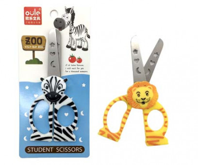Ножницы детские  CJ-239/CE-241 130мм "Зоопарк" пластиковые ручки с фигуркой, лезвия с узором, на блистере, цвета в ассортименте (3/24/480)