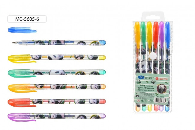 Набор гелевых ручек, 6цв МС-5605-6  ароматизированные, с блёстками "Панда",Basir (6)