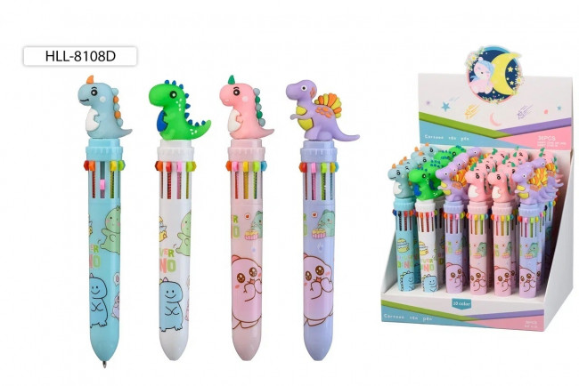 Авторучка 10-ти цветная: детская; "ДИНОЗАВРИКИ"; цветной корпус с рисунком /ассорти/, прорезиненный наконечник-динозаврик. 36 шт.