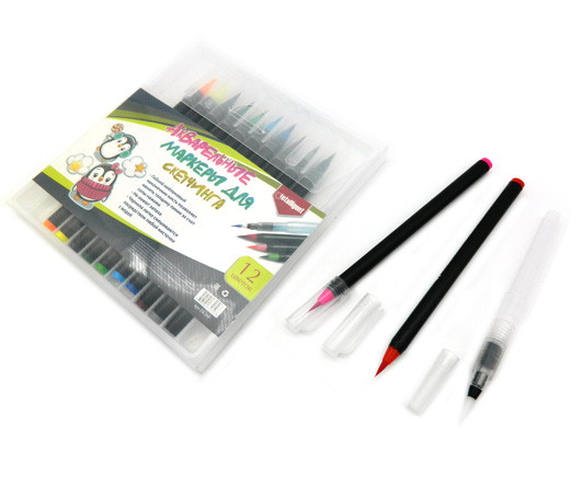 Скетч-маркеры BRUSH 12цв.  АКВАРЕЛЬНЫЕ CA-259  INTELLIGENT с кистью, черный корпус, в упаковке ПВХ (1/1/96)