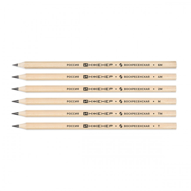 Набор графитных карандашей 6шт, заточеные "ИНЖЕНЕР" 6М(6В), 4М(4В), 2М(2В), М(В), ТМ(НВ), Т(Н), ВКФ/6B-1240 (8)