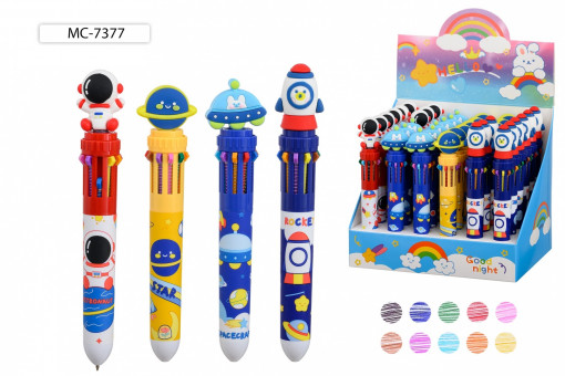 Авторучка 0,5мм 10-ти цветная, детская; "КОСМОС", прорезиненный наконечник, Basir/МС-7377 (36)