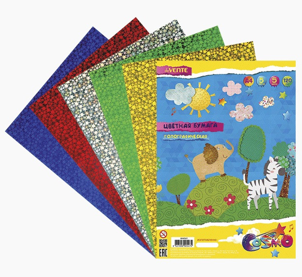 Бумага цветная голографическая A4 "deVENTE" 120 г/м², A4 5 цв, 5 л, пластиковый пакет с европодвесом