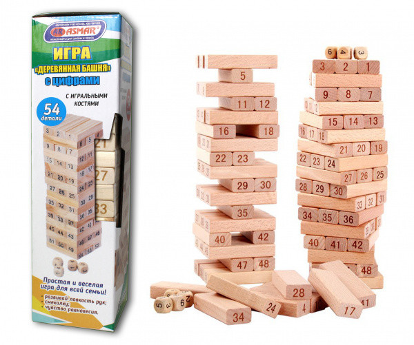 Башня 54 детали деревянная с цифрами и игральными костями, Asmar Башня 54 детали деревянная с цифрами и игральными костями, Asmar