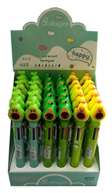 Авторучка 8-и цветная: детская; "АВОКАДО "; цветной корпус /ассорти/, прорезиненный наконечник-авокадо; 0,7 mm. 36шт
