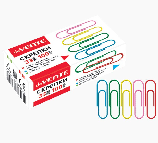 Скрепки 33мм металлические, овальные цветные, 100шт, deVENTE/4135325 (10)