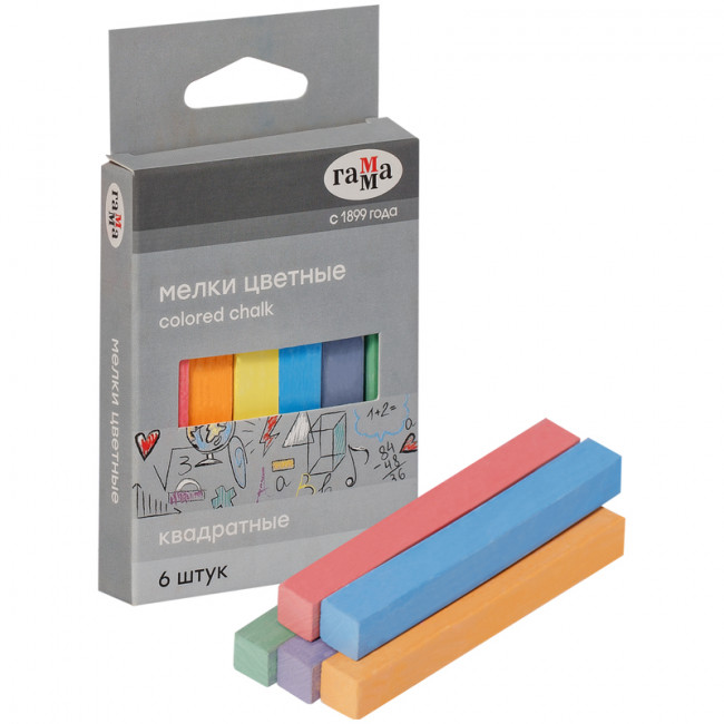 Мелки школьные Гамма, цветные, 06шт., мягкие, квадратные, картон. упак., европодвес Мелки школьные Гамма, цветные, 06шт., мягкие, квадратные, картон. упак., европодвес